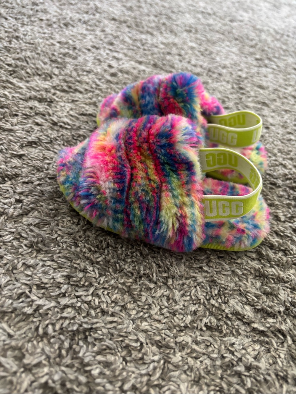 UGG Kids Rainbow Fuzzy Slides with Neon Yellow Strap
